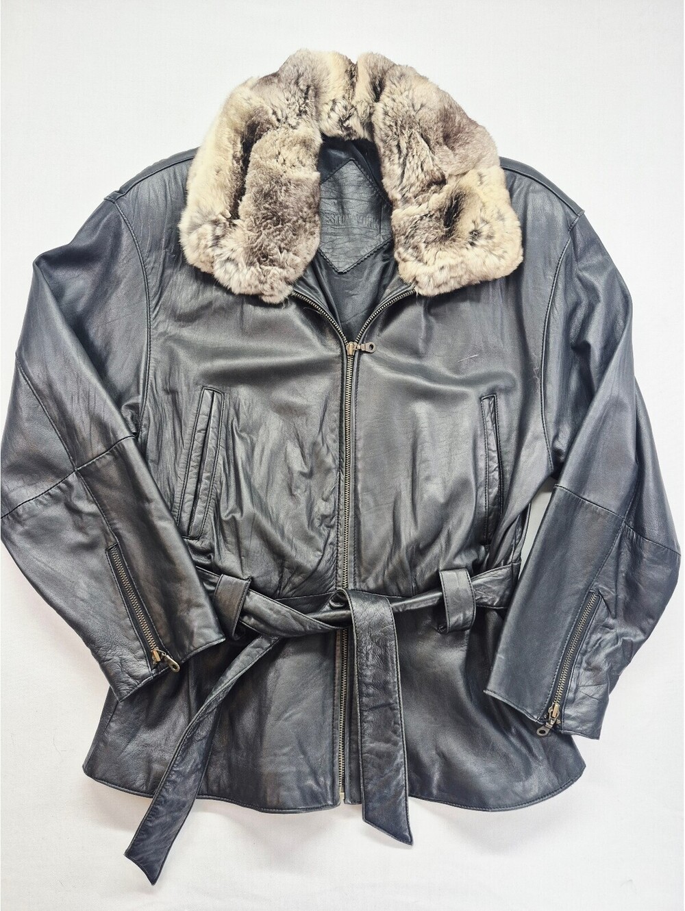 Vintage Preston & York Lamb Skin Rabbit Fur Women's L Leather Jacket Belt Black